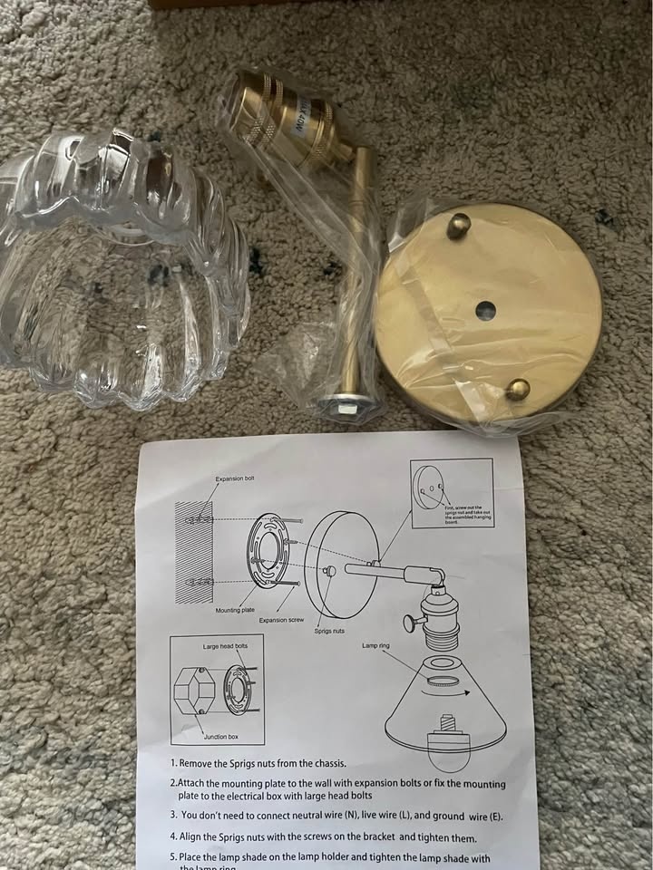 New Brass Gold Wall Sconce Ribbed Glass Shade - photo 3