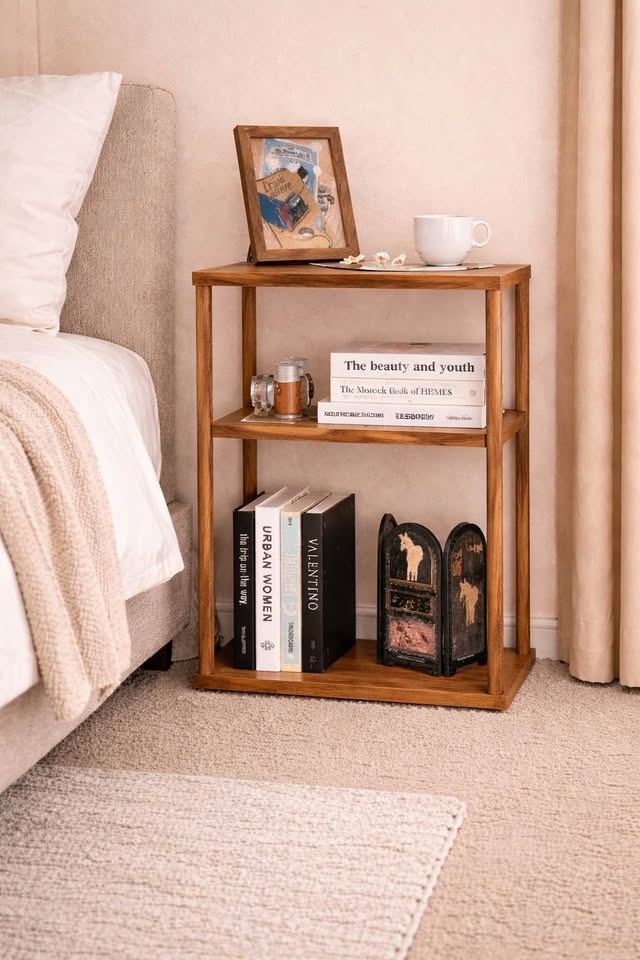 New Wood Rattan 3-Tier Nightstand Side Table