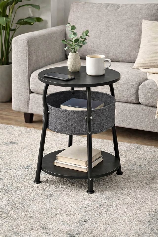 New Black 3-Tier Round End Table with Storage Basket