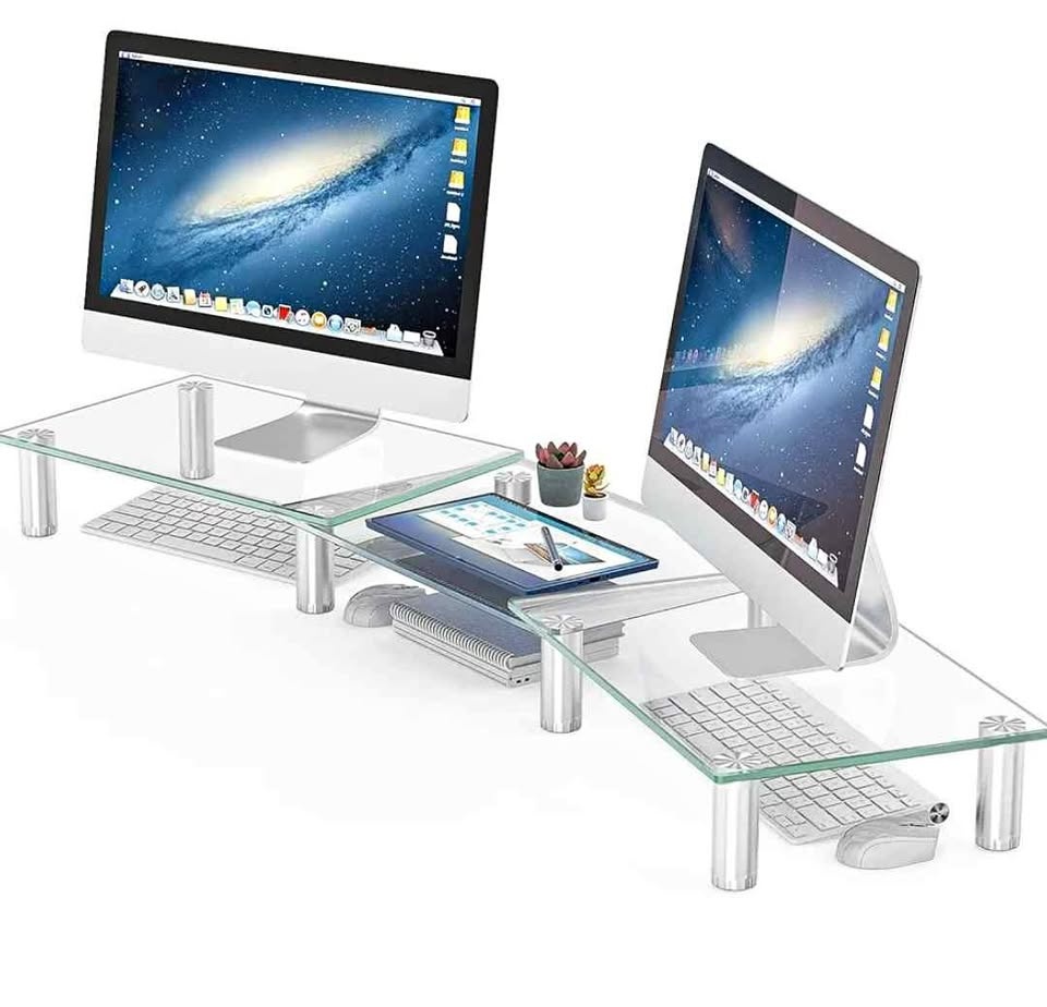 Dual Monitor Glass Desk Riser - Adjustable