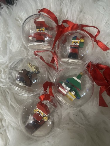5pc Vintage LEGO Holiday Baubles—Reindeer 853574—Tree 850851—San