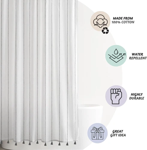Folkulture Boho White Shower Curtain w Black Tassels
