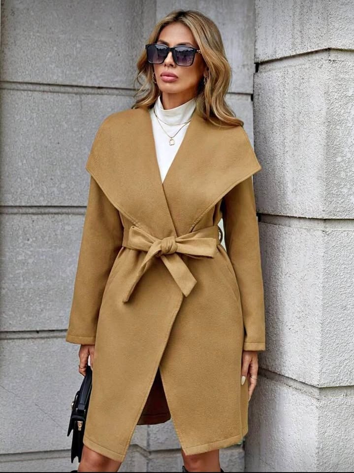 Waterfall collar belted wrap coat