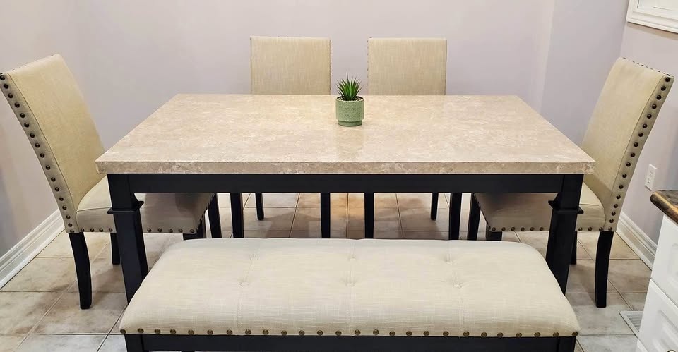 Marble Dining Table, Chairs & Bench Set - Beige