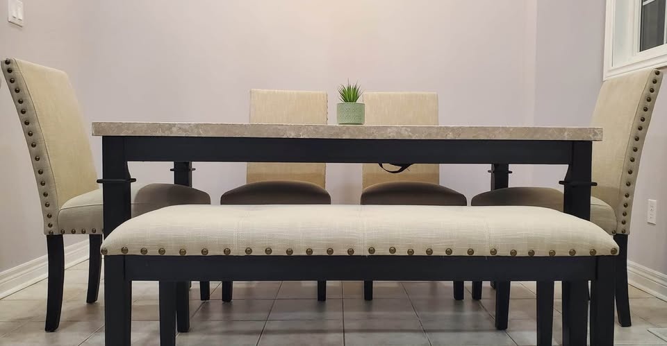 Marble Dining Table, Chairs & Bench Set - Beige - photo 3