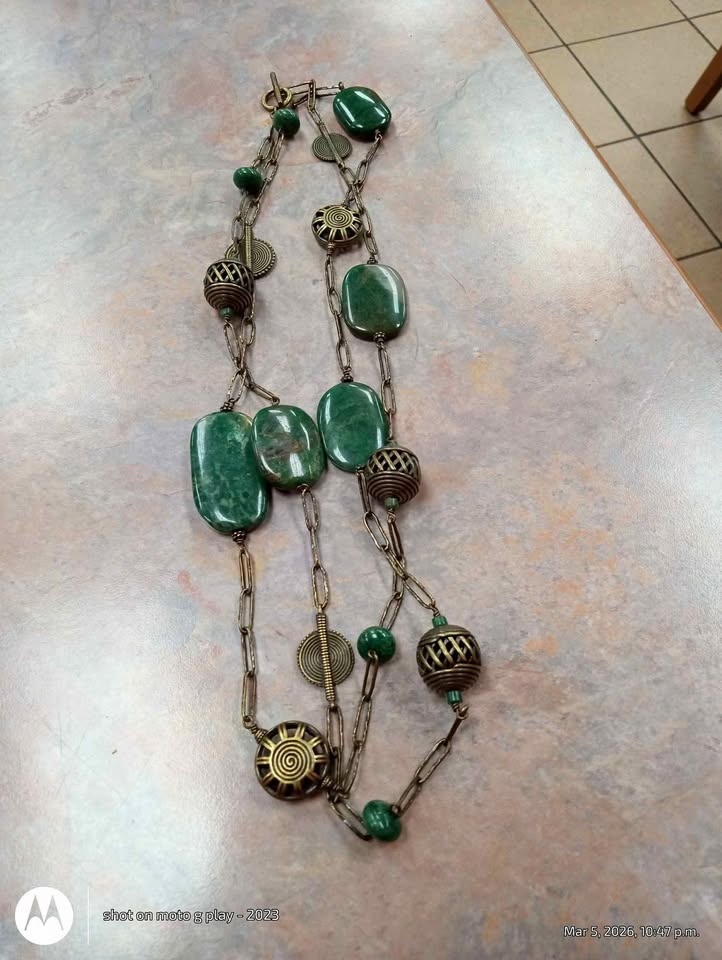 Vintage Brass and Green Stone Necklace - Really Long