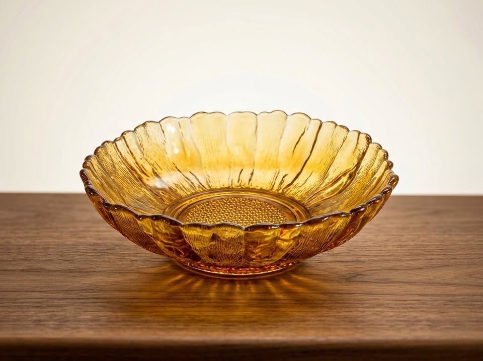 Vintage Amber Pressed Glass Bowl - Scalloped Edge