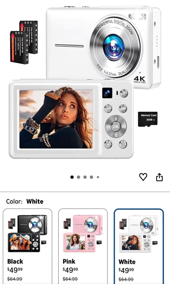 New 4K Digital Camera w/ 32GB Card & 2 Batteries (White)