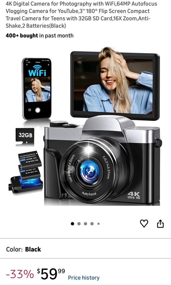 4K Digital Camera with 32GB Card, 2 Batteries (Black)