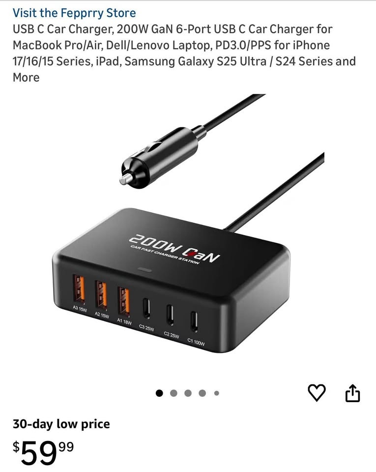 (New) 200W 6-Port USB C Car Charger