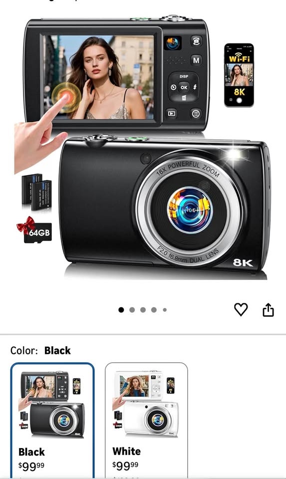 8K Digital Camera w/ 64GB Card & 2 Batteries (Black)
