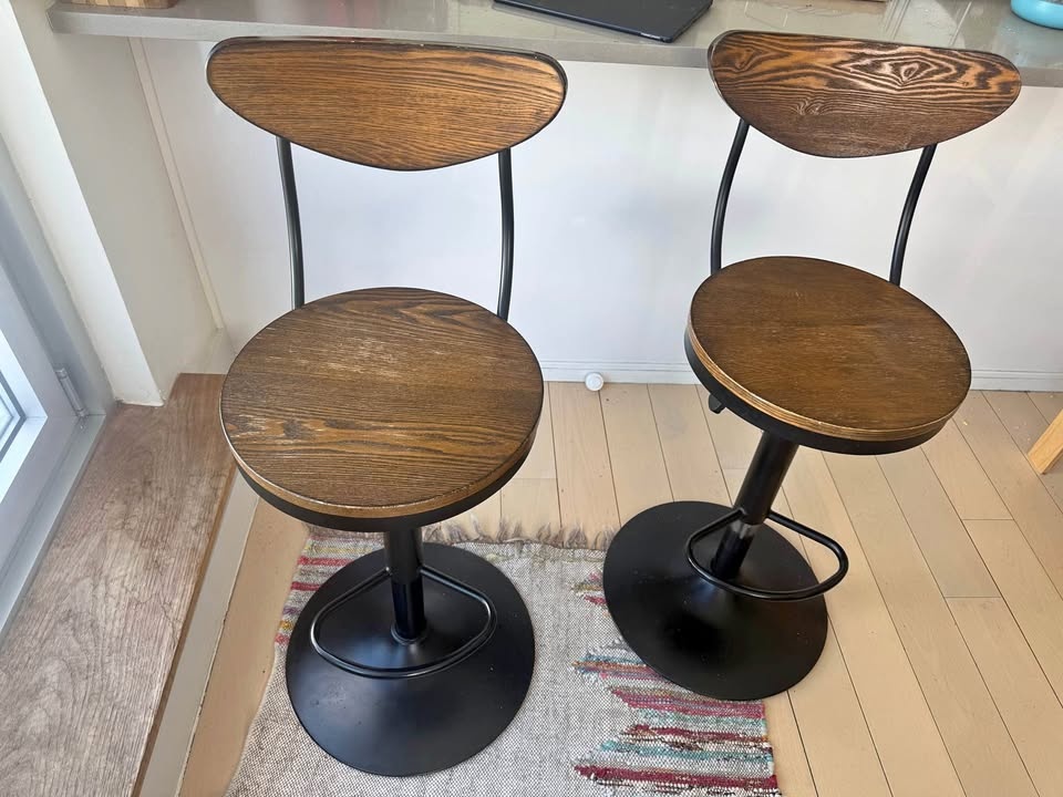 2 Adjustable Wood & Black Bar Stools