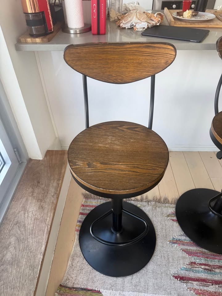 2 Adjustable Wood & Black Bar Stools - photo 2
