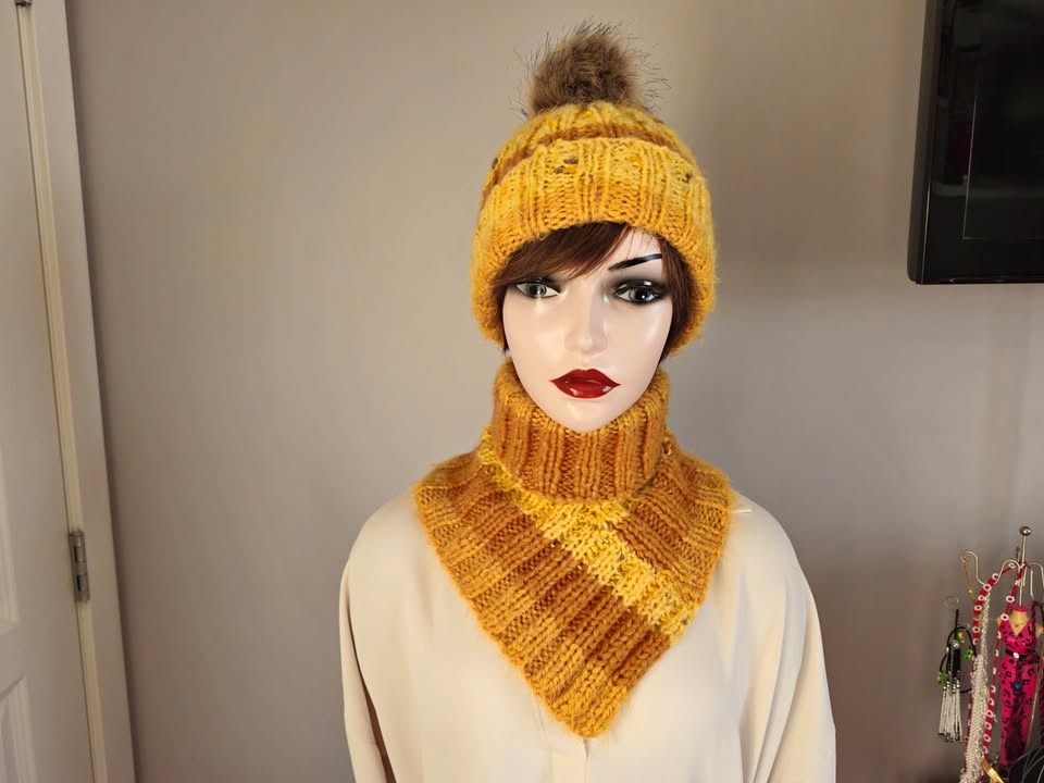 Mustard Knit Hat & Neck Warmer Set: Ribbed Pom Pom Beanie