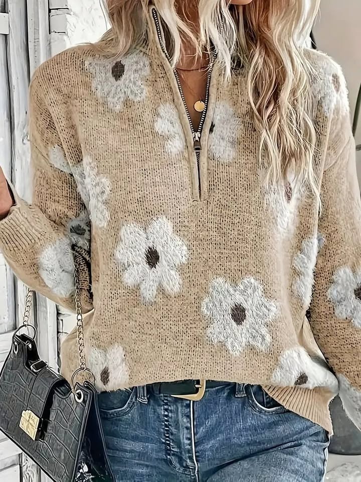 Women's Casual Long Sleeve Knit Sweater With Floral Pattern