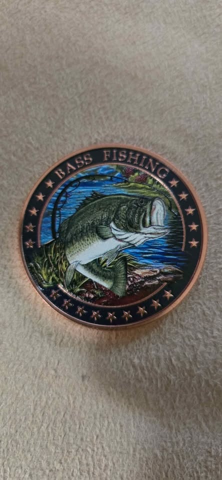 1 Oz .999 Fine Copper "Bass Fishing" Colorized Round