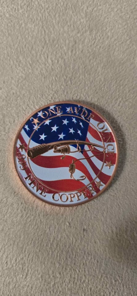 1 Oz .999 Fine Copper "Bass Fishing" Colorized Round - photo 2