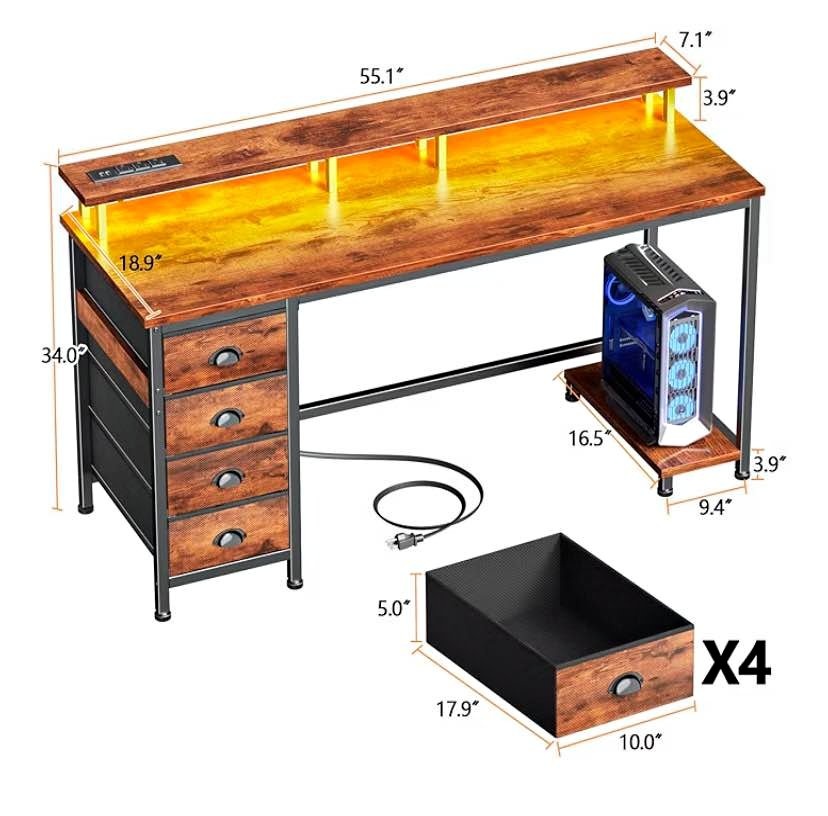 55 inch Desk with LED Lights & USB