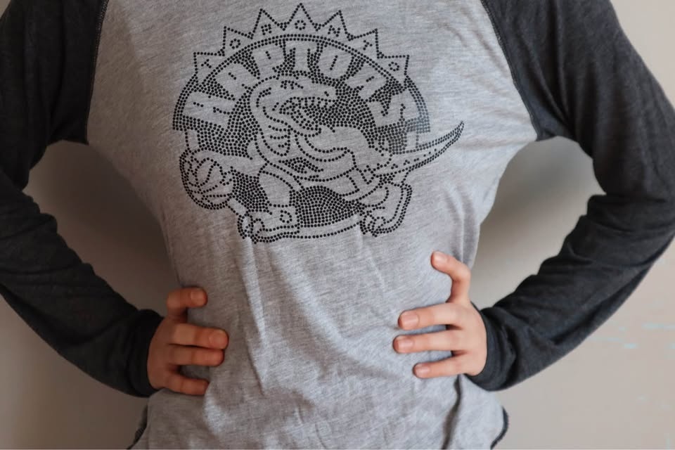 Grey Raglan Raptors Long Sleeve Shirt Studded Dino Design - photo 3