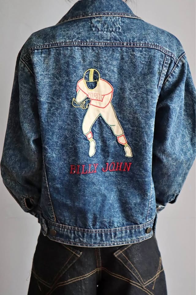 Billy John Acid Wash Denim Jacket M Football Embroidery