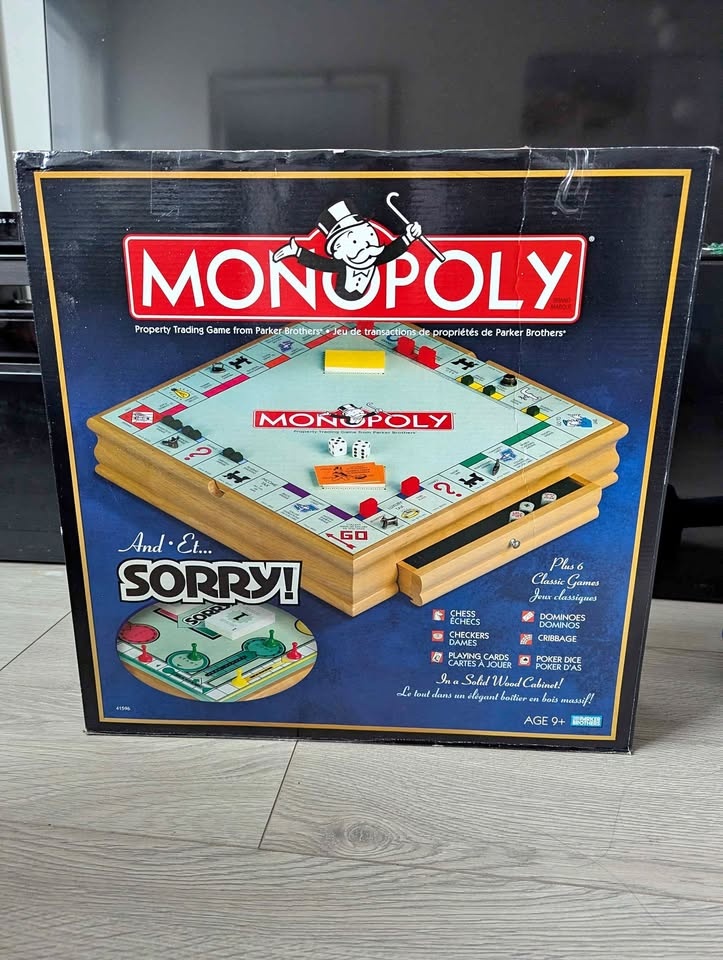 Monopoly and Sorry! Board Game + 6 Classic Games Wood Cabinet