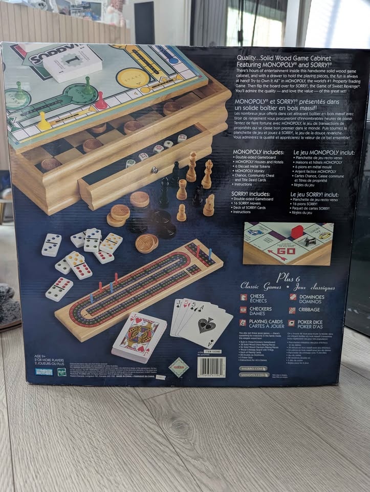 Monopoly and Sorry! Board Game + 6 Classic Games Wood Cabinet - photo 2