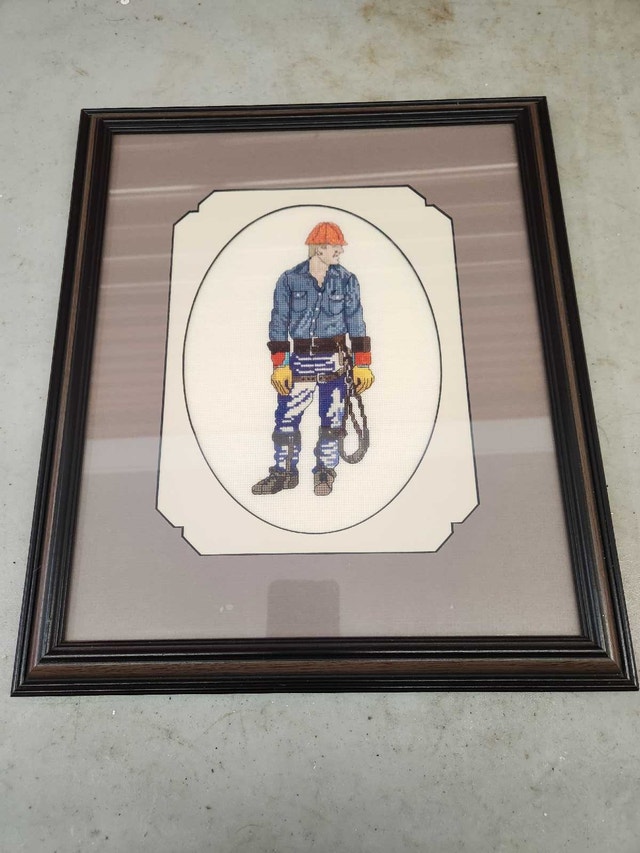Framed Lineman Cross Stitch Art