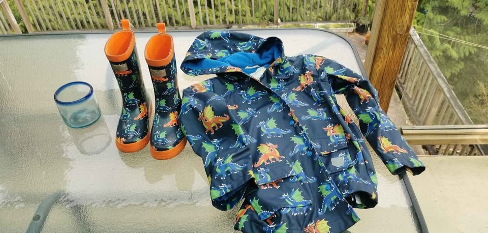 Hatley Kids Rain Jacket (Size 8) & Boots (Size 12)