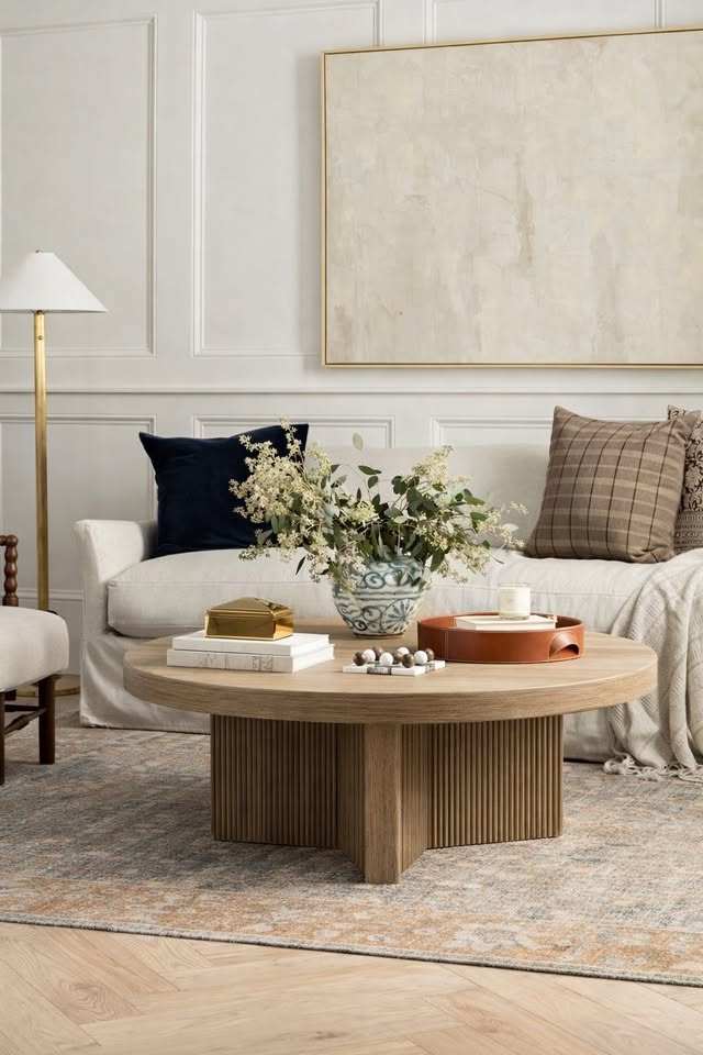 Fluted Base Wood Coffee Table - MCM - Brand New