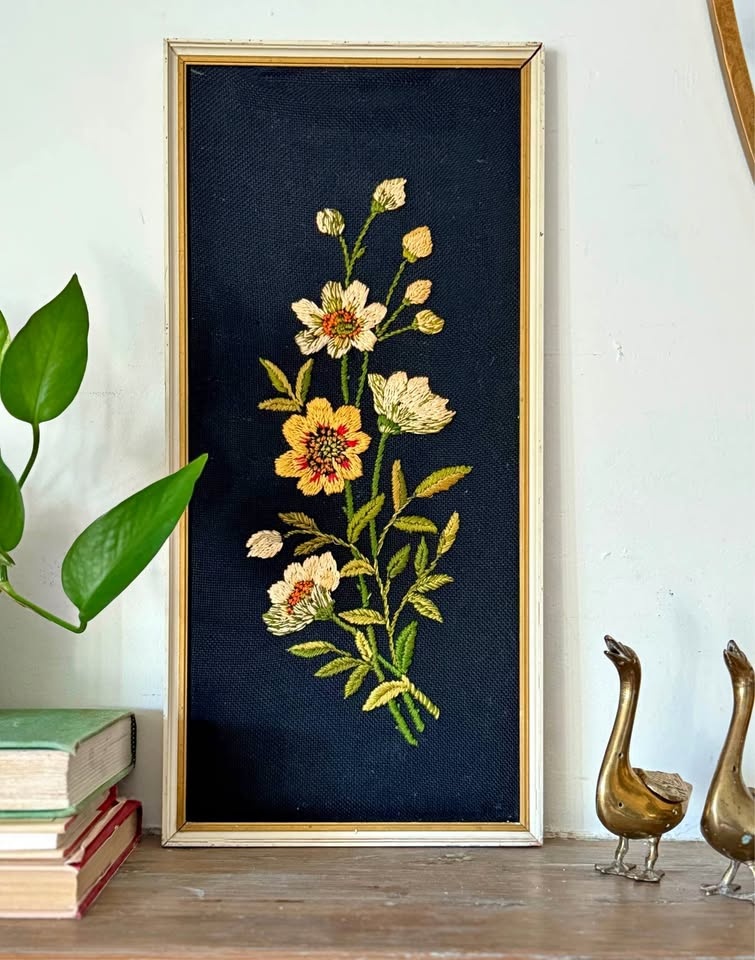 Vintage MCM Floral Crewel Embroidery - Framed Wildflower Art