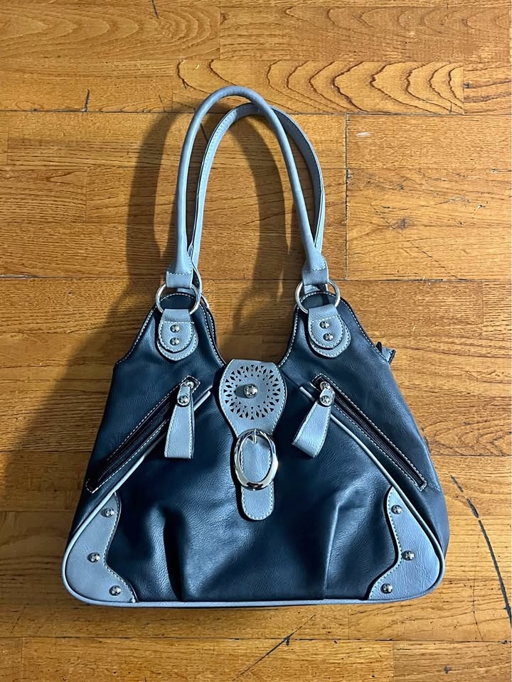 Vintage Black and Grey Handbag with Extra Strap