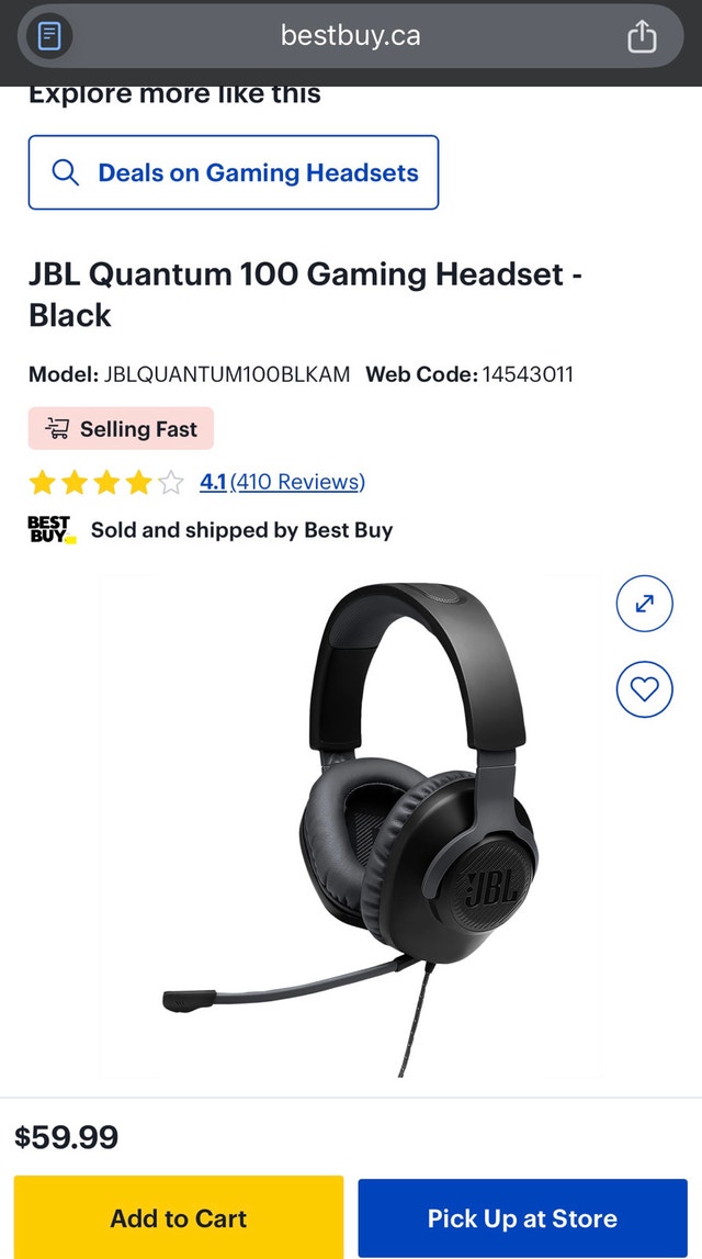 JBL Quantum 100 Headset. Brand new - Open Box - Never used.