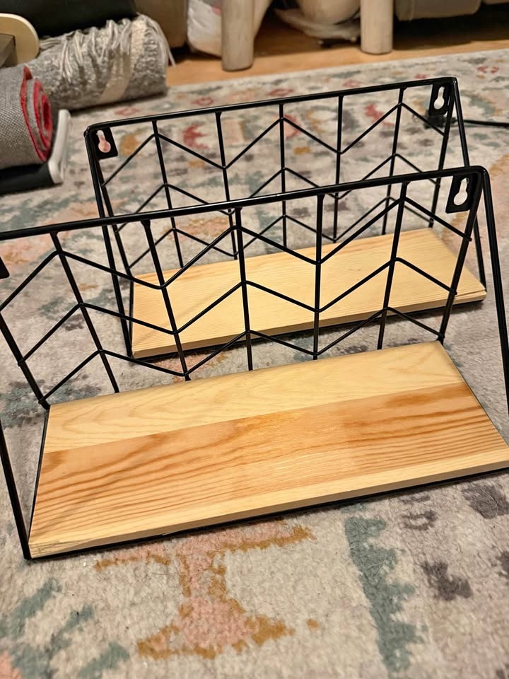 Set of 2 Geometric Wire & Wood Floating Wall Shelves