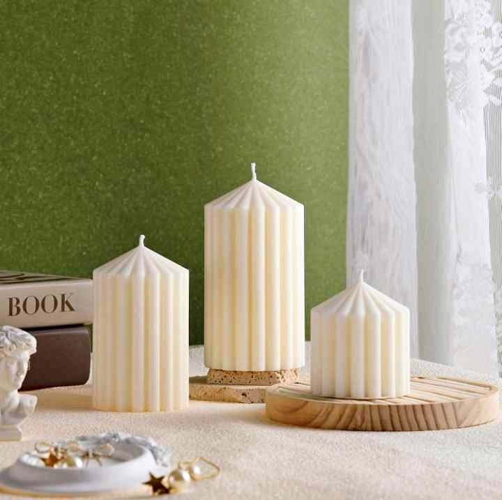 Set of 3 White Ribbed Pillar Candles