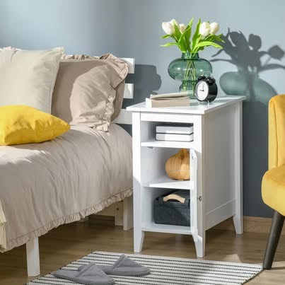 HOMCOM White Nightstand w/ Pull-Out Tray & Cabinet