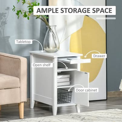 HOMCOM White Nightstand w/ Pull-Out Tray & Cabinet - photo 3