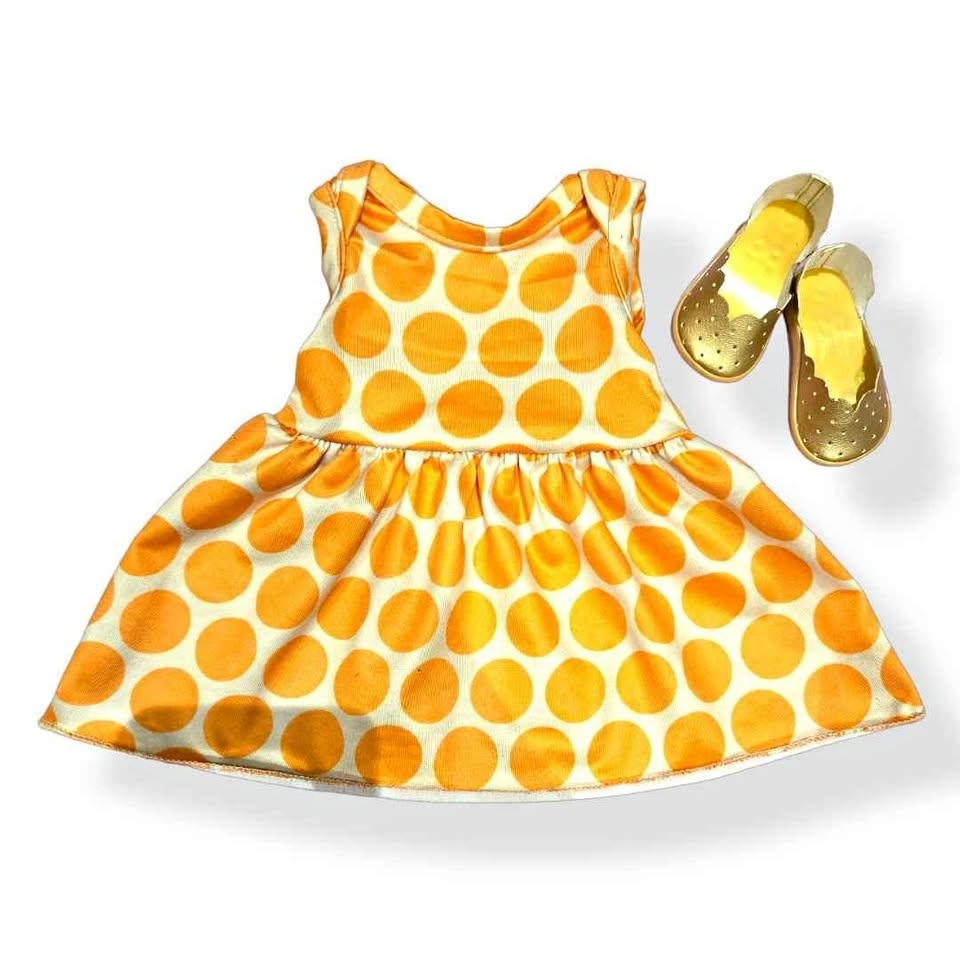 18" Doll Polka Dot Dress & Gold Shoes Outfit