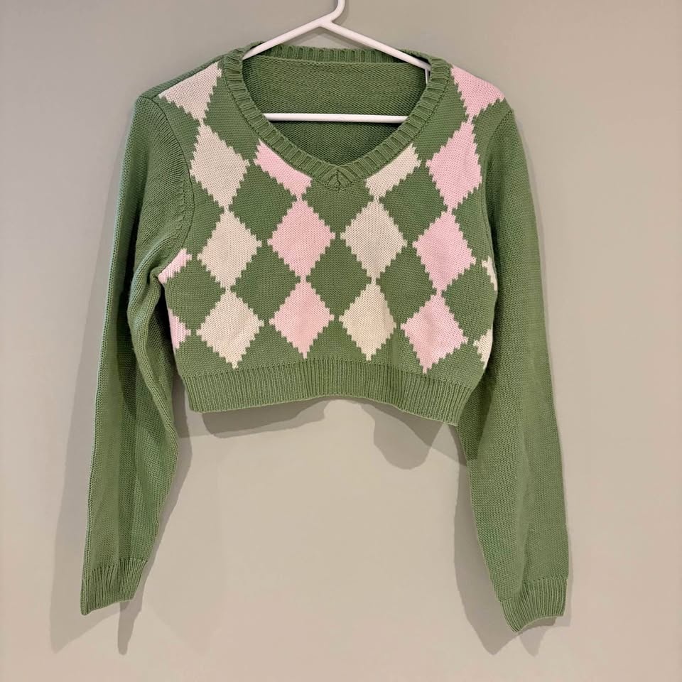 SHEIN Green and Cream Knit Sweater Medium