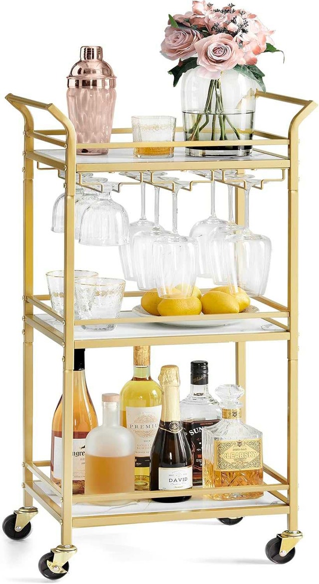 Vasagle 3 Tier Marble & Gold Bar Cart with Wine Racks