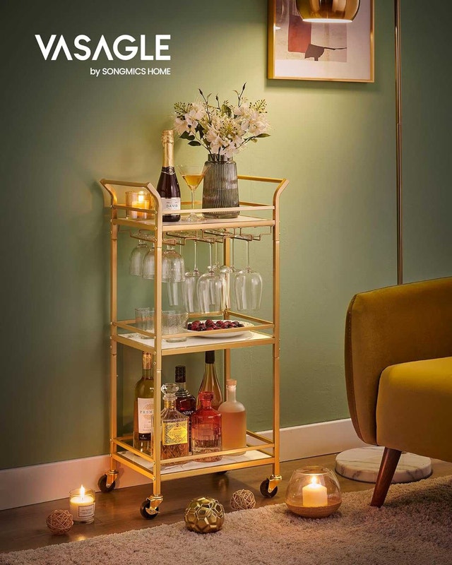 Vasagle 3 Tier Marble & Gold Bar Cart with Wine Racks - photo 2