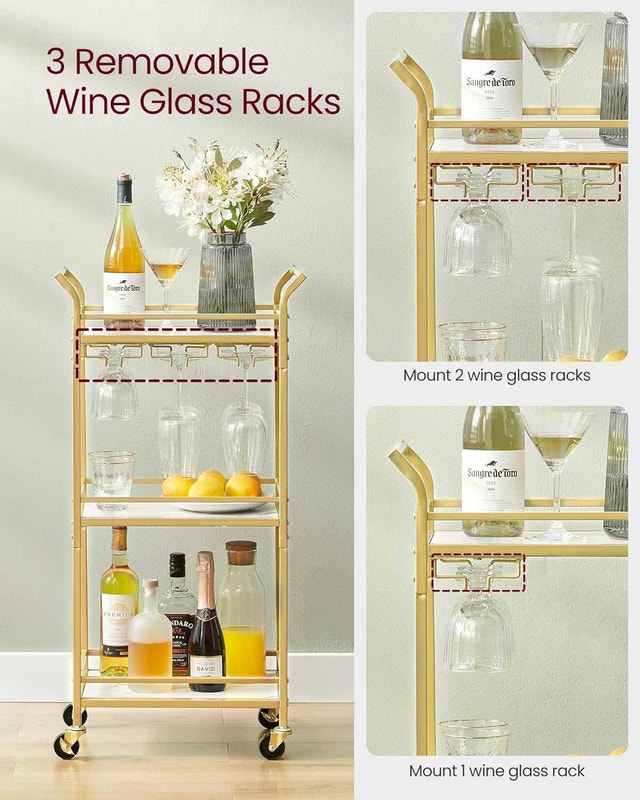 Vasagle 3 Tier Marble & Gold Bar Cart with Wine Racks - photo 3