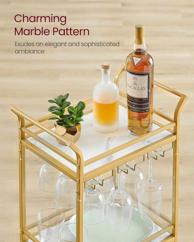 Vasagle 3 Tier Marble & Gold Bar Cart with Wine Racks - photo 4
