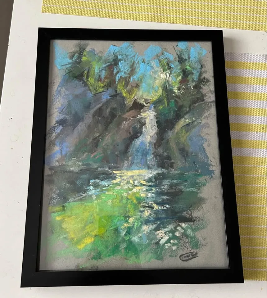 Framed Waterfall original pastel painting image indicator(3)