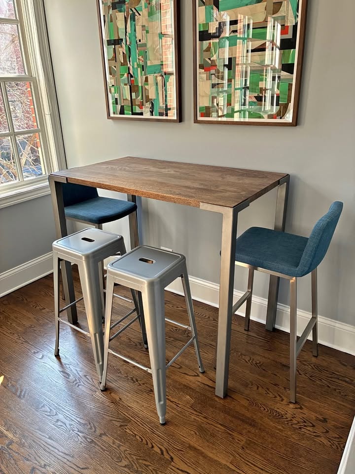 CB2 Stilt 42" High Dining Table – Solid Wood & Steel – Modern Ba