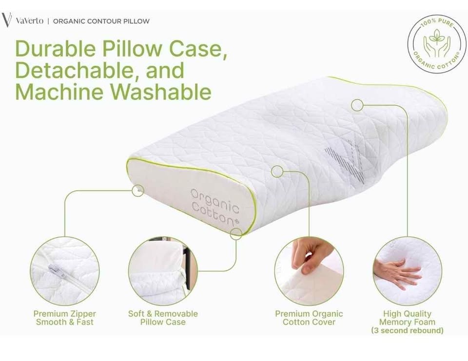 VaVerto Memory Foam Contour Pillow - Organic Cotton Cover (Queen - photo 2