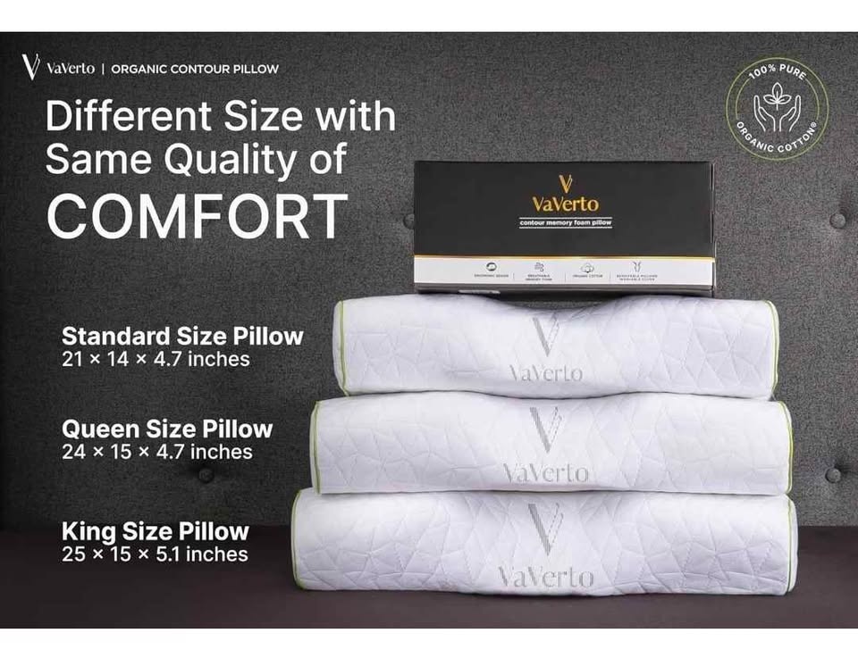 VaVerto Memory Foam Contour Pillow - Organic Cotton Cover (Queen - photo 4