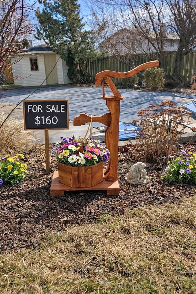 Handmade Cedar Pump Flower Planter – Rustic Garden Decor