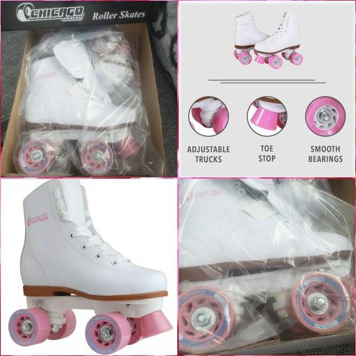 Chicago Rink Quad Roller Skates - White/Pink/Blue Wheels - Size