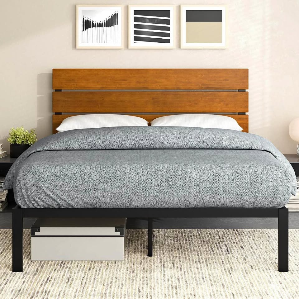 Queen Metal Platform Bed with Wooden Headboard - BRAND NEW