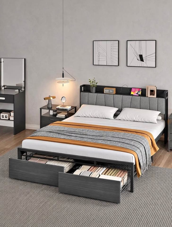 Full/Double Upholstered Bed Frame w/ Charging Station & Drawers